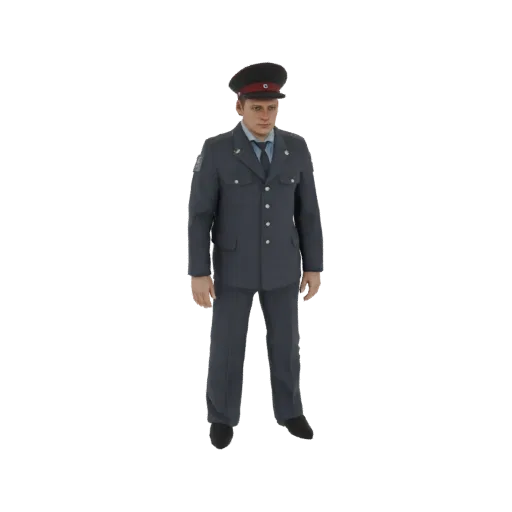3D model of a Soviet-era police officer in a dark uniform and cap, standing with hands at sides.
