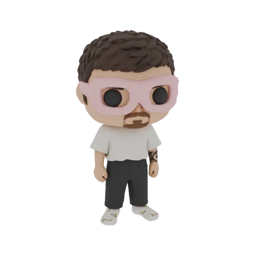 3D model of a chibi character with large pink goggles, wearing a white t-shirt and gray pants, standing against a black backg