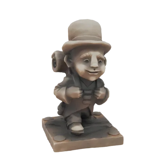 3D model render of a charming gnome with a top hat and backpack, standing on a stone base, with a stone-like texture.
