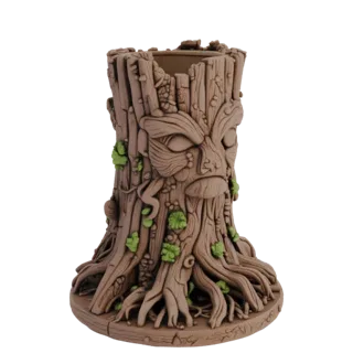3D model of a pot in the shape of an ancient ent's head with an expressive face, roots, and moss, on a white background