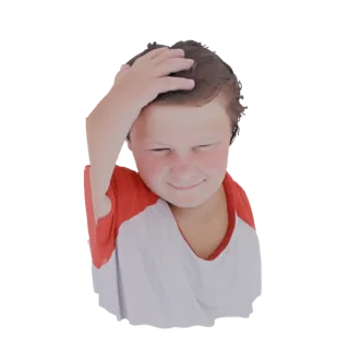 3D model render of a young boy with brown hair, wearing a red and white t-shirt, with his hand on his head, looking thoughtfu