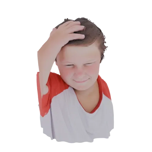 3D model render of a young boy with brown hair, wearing a red and white t-shirt, with his hand on his head, looking thoughtfu