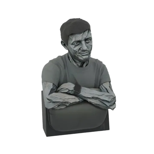 3D model render of a man's bust with a detailed stone texture, arms crossed, on a dark base.