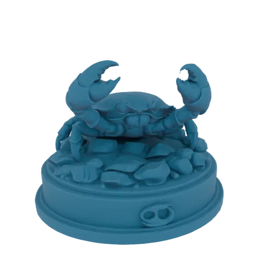 Modelo 3D de caranguejo azul com pinças erguidas, sobre base rochosa com símbolo do signo de Câncer.