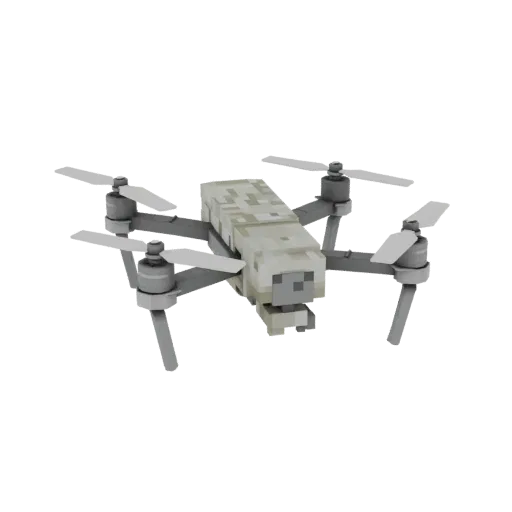 A low-poly, Minecraft-style 3D model of a military quadcopter drone with a camouflage texture and four propellers.