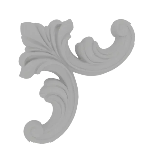 3D model of a white, ornate acanthus scrollwork decorative element with flowing curves and leaf motifs against a black backgr