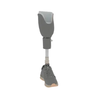 3D-Modell einer Beinprothese mit grauer Schaftmanschette, weißem Innenteil, verstellbarem Schaft und einem grauen Sneaker mit