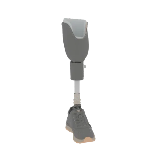 3D model of a prosthetic leg with a gray socket, white liner, adjustable shaft, and a gray sneaker with a tan sole.