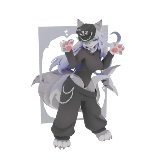 3D model of an anime wolf girl with purple hair, wearing a black hat and outfit, striking a playful pose.