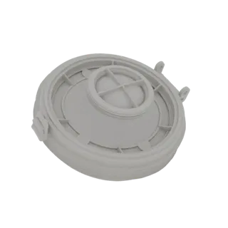 Modelo 3D de tampa de filtro de máscara de gás cinza com borda canelada e mecanismo de válvula central.