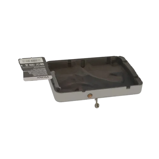 3D model of a Haier dishwasher drain pan with a white and black label attached to the side.