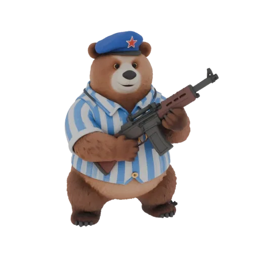 3D model of a bear in a blue beret and telnyashka, holding a machine gun, with a fierce smile.
