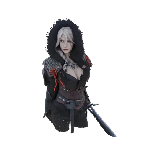 3D model bust of a fierce Winter Warrior Woman with a fur-lined hood, detailed armor, and a sword.