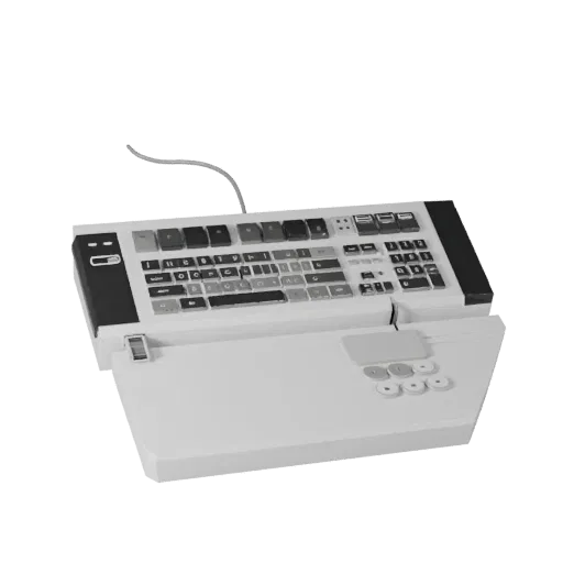Startup Keyboard Low Poly 3D model, game viewport three-quarter view, showing plastic, desk-scale silhouettes.