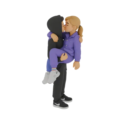 3D model of a couple in pajamas sharing a kiss, with one person holding the other.