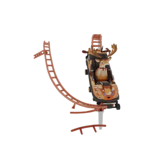 3D model of a roller coaster cart designed as a reindeer with antlers and a red scarf, on a section of track.
