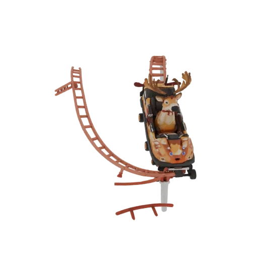 3D model of a roller coaster cart designed as a reindeer with antlers and a red scarf, on a section of track.