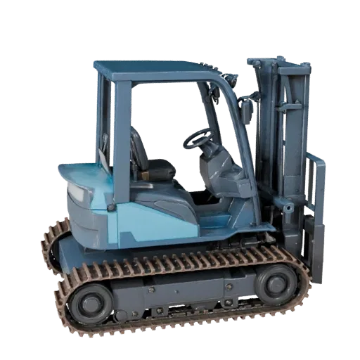 Roadwork Forklift Stylized 3D model, stylized isometric render, showing painted steel, large mechanical silhouettes.