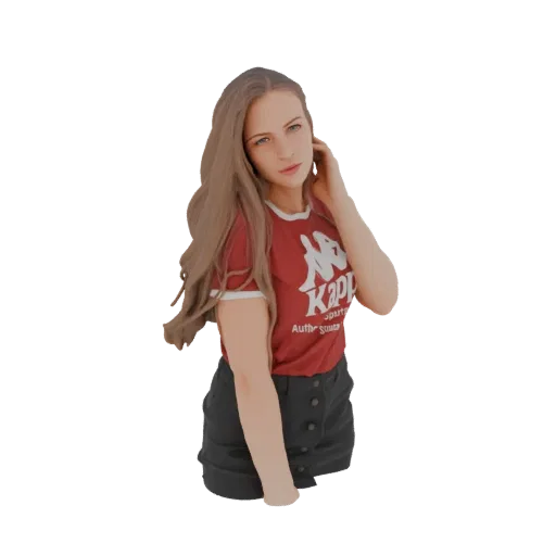 3D model of a young woman with long blonde hair, wearing a red Kappa t-shirt and black skirt, posing with her hand in her hai