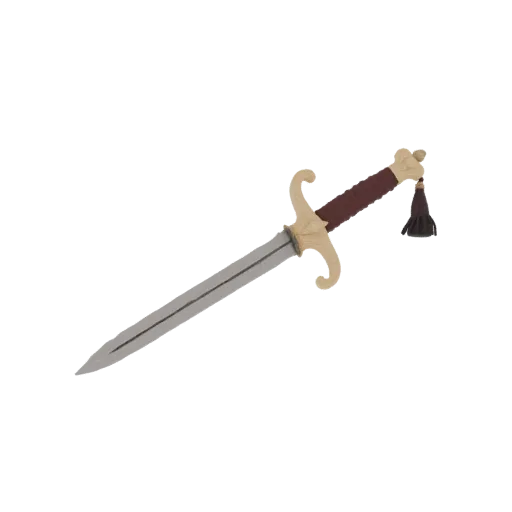 3D model of an ornate dagger with a brown grip, golden hilt, and a dark tassel, presented on a white background.
