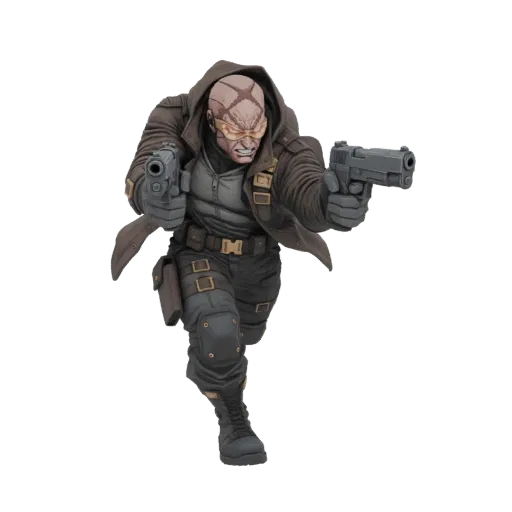 3D model of a bald, aggressive operative in a hooded jacket, running with two pistols aimed forward, wearing tactical gear an