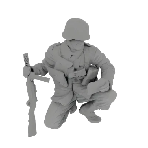 3D model of a German soldier in a crouched combat pose, holding a machine gun, rendered in gray.
