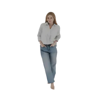 Modelo 3D de uma jovem em pé casualmente, vestindo camisa branca e jeans azuis com as mãos nos bolsos.