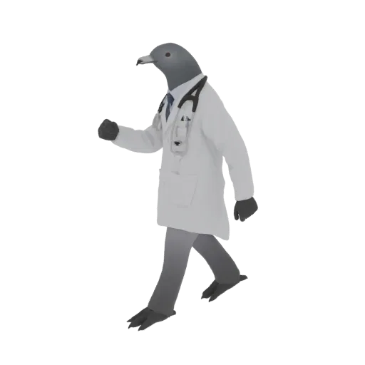 3D model of a pigeon wearing a doctor's coat and stethoscope, walking forward.