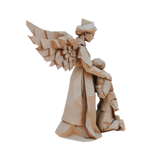 3D model of an origami-style angel with large folded wings, protectively embracing a kneeling child.
