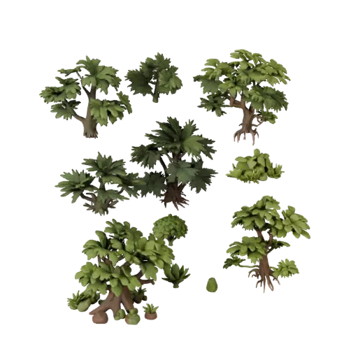 Fantasy Glowing Plant Set Unity 3D model, isometric viewport view, showing leaf clusters, layered vegetation clusters.