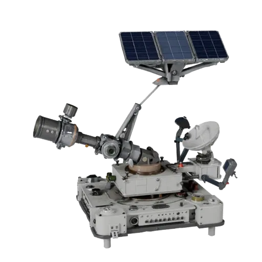 Research Telescope 3D model, three-quarter front view, Unity viewport, showing metal tubes, optical alignment.