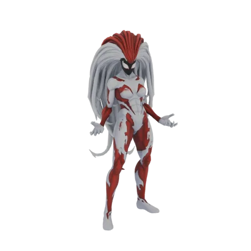 3D model of a female character with a red and white symbiote suit and long white and red hair, in a dynamic pose.