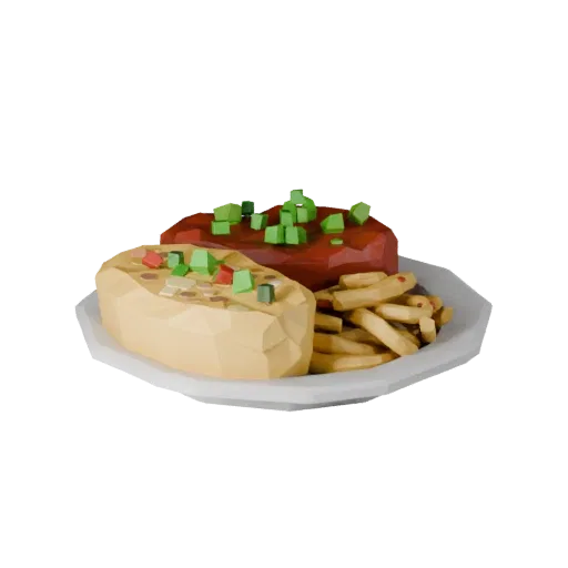 Homestyle Pasta Plate Low Poly 3D model, game viewport three-quarter view, showing sauces, plated composition.