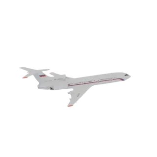 3D model of a white Tupolev Tu-154M passenger jet with red and blue accents, viewed from a three-quarter angle.