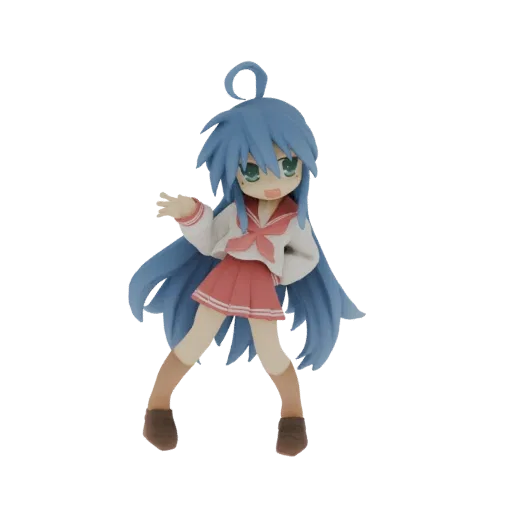 3D model of Konata Izumi from Lucky Star, a cheerful anime girl with blue hair in a school uniform, striking a dynamic pose.