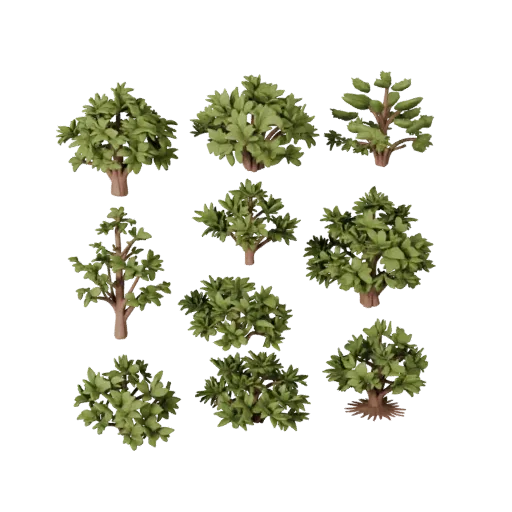 Low Bush Scatter Pack Stylized 3D model, stylized isometric environment render, showing leaf clusters, terrain detail.