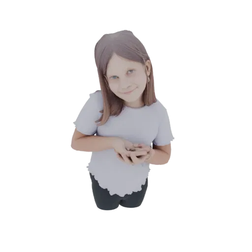 3D model of a young girl with brown hair and blue eyes, smiling gently as she holds small objects in her cupped hands.