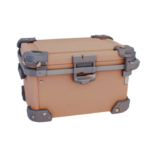 Stylized 3D chest model with brown leather-like texture and gray metal fittings, including corner guards and a lock.
