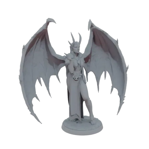 Render del modello 3D di una Regina Gargoyle con grandi ali di drago, indossa un'armatura ornata e una corona, in piedi su un