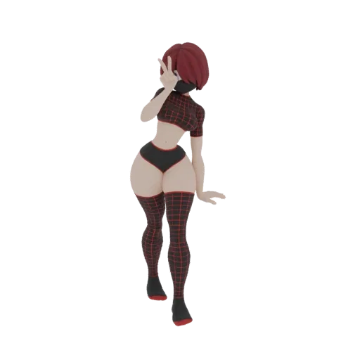 Modelo 3D de uma garota anime com cabelo vermelho, vestindo um top curto, shorts e meias até a coxa com padrão quadriculado e