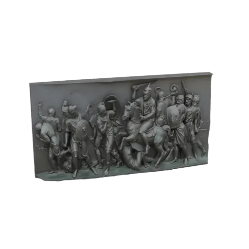 3D model of an ancient relief sculpture depicting a chaotic battle scene with warriors on foot and horseback.
