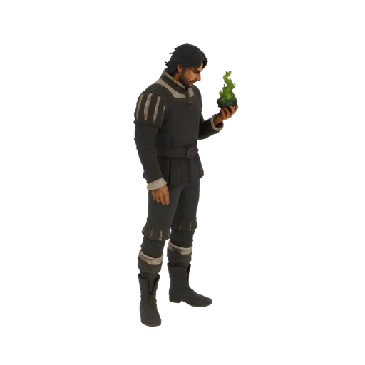 3D model of a medieval alchemist with dark hair, wearing a dark tunic with striped sleeves and trousers, holding a glowing gr