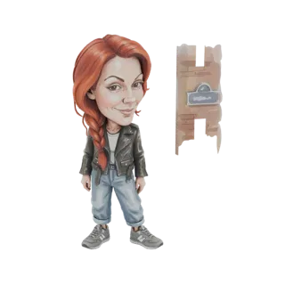 3D model of a caricature of a woman with red hair, wearing a black leather jacket and blue jeans, standing next to a brick wa