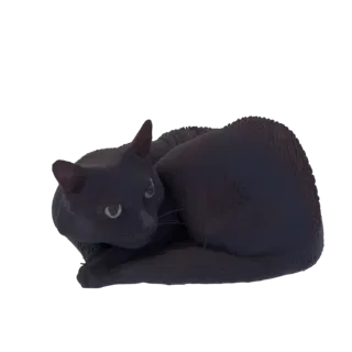 3D model of a black cat curled up peacefully, with green eyes and dark fur, against a white background.