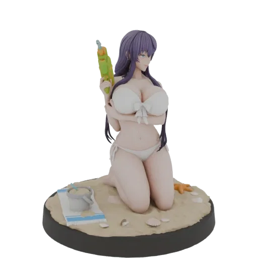 Modelo 3D de chica anime en bikini blanco sosteniendo pistola de agua, arrodillada en diorama de playa con conchas.