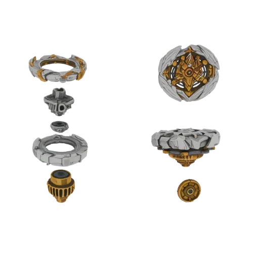 Exploded view 3D model of a Beyblade, showing its individual parts in gold and white against a black background.