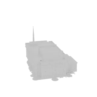 Modelo 3D de um edifício moderno branco com um pináculo alto, visto de um ângulo ligeiramente elevado contra um fundo branco.