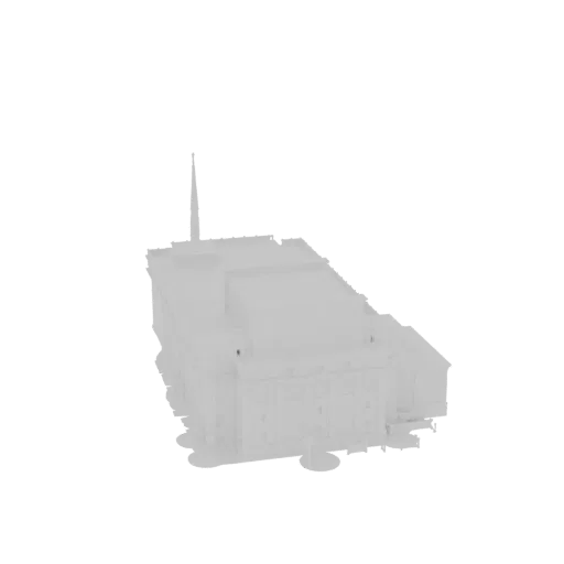 Modelo 3D de um edifício moderno branco com um pináculo alto, visto de um ângulo ligeiramente elevado contra um fundo branco.