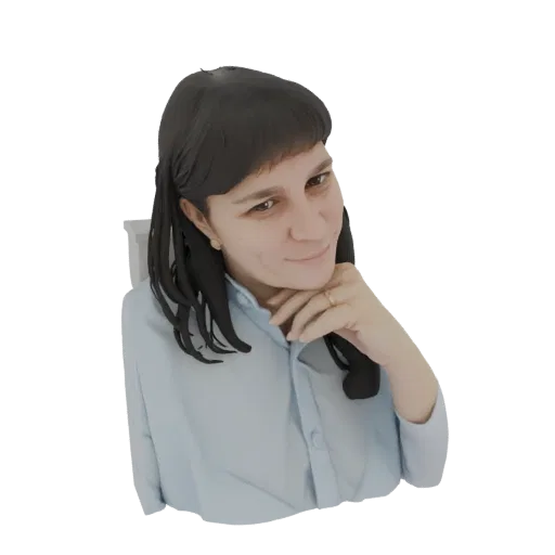 Modelo 3D mujer cabello oscuro, camisa azul, mano en barbilla, sonrisa leve.
