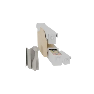 3D model of a modular drawer unit with light beige housing, light gray drawers, and a textured fabric drape.